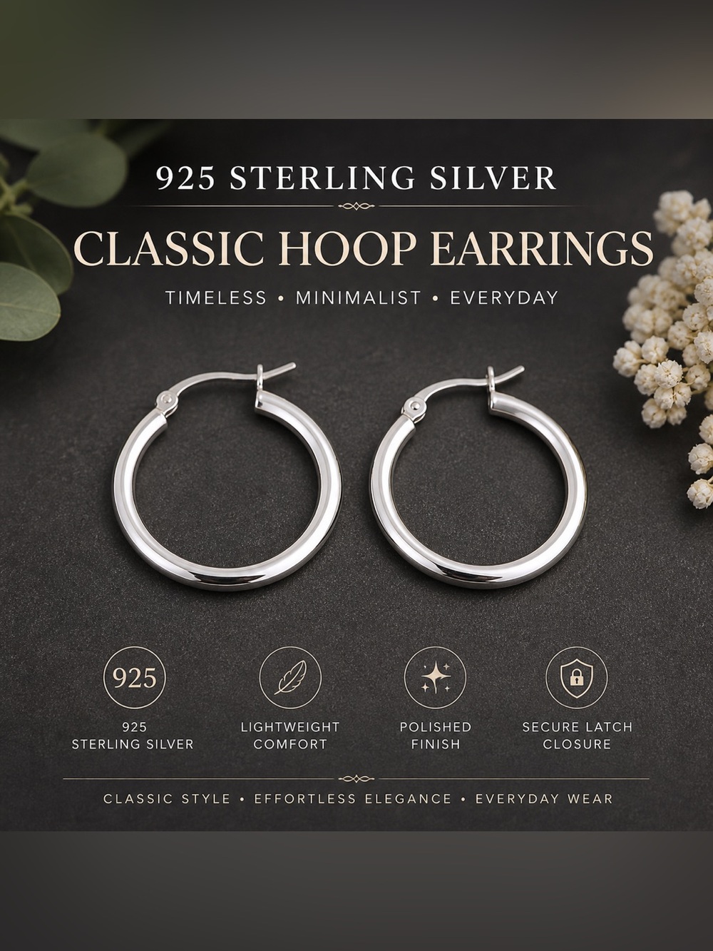 925 Sterling Silver Classic Hoop Earrings Minimalist Everyday Jewelry